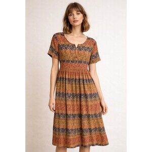 Cascade Blues Dress Women's Size M Floral Brown Blue Buttons Short Sleeve**